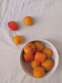 High angle view of orange fruits in bowl on table