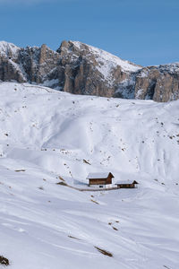 Scenic view of snowcapped mountains against sky. winter hike around seceda, south tyrol, italy