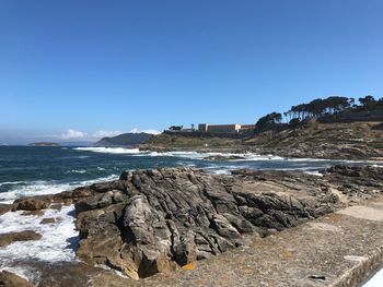 Scenic view of beach against clear blue sky