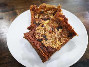 High angle view of cake in plate on table