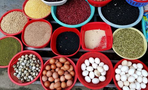 High angle view of vegetables for sale at market stall