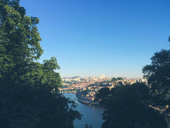 Douro river by city against clear sky