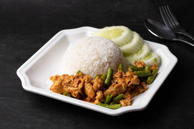 High angle view of food in plate on table