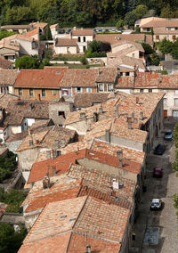 High angle view of houses in town