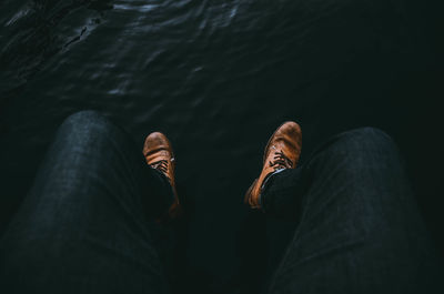 Low section of man sitting over lake