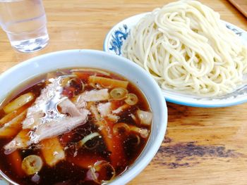 High angle view of soup served in bowl on table