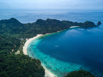 High angle view of bay against sky