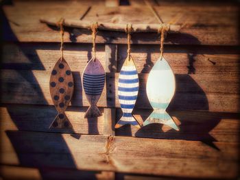 Close-up of decoration hanging on table