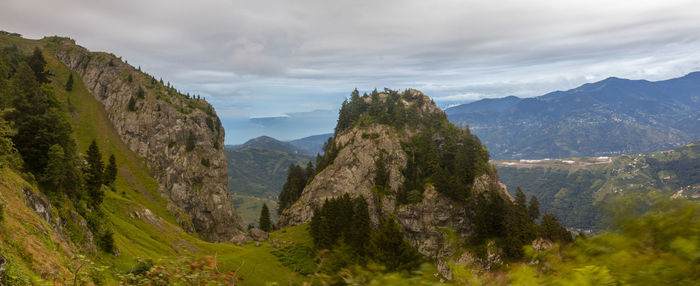 Huge mountains and green forest under the blue sky with clouds form a beautiful landscape in trabzon 