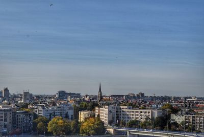 High angle view of buildings against sky