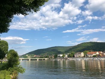 Scenic view of lake by buildings against sky