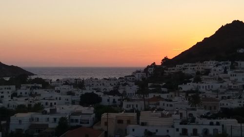 High angle shot of townscape at sunset