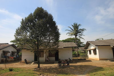 People outside house by tree against sky