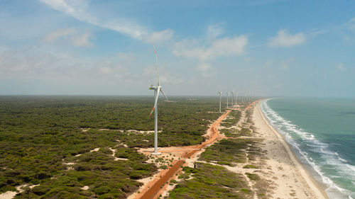 Wind turbines for electric power production on the seashore. wind power plant. mannar, sri lanka.