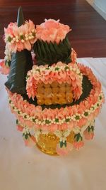 High angle view of flowers in plate on table