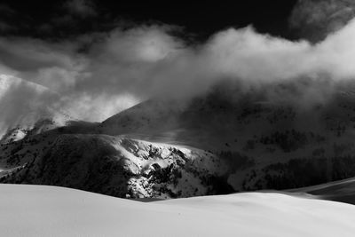 Scenic view of snow covered mountains against sky