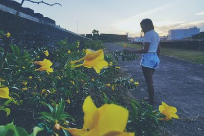 Woman walking with yellow flowers