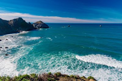 Scenic view of sea against blue sky