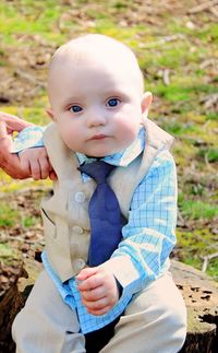 Portrait of cute baby boy sitting on tree stump at park