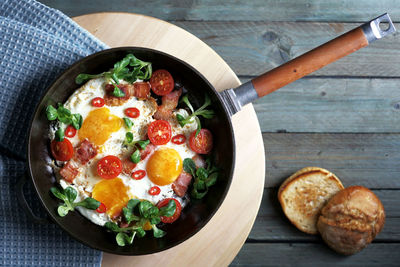 High angle view of breakfast served on table
