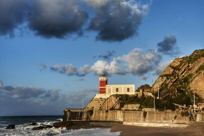 Built structures by calm sea