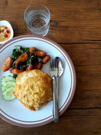 High angle view of breakfast served on table