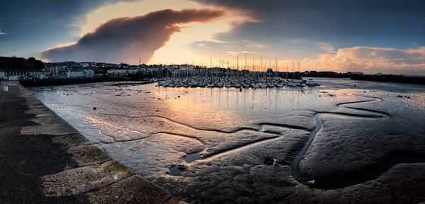 Panoramic view of beach against sky during sunset