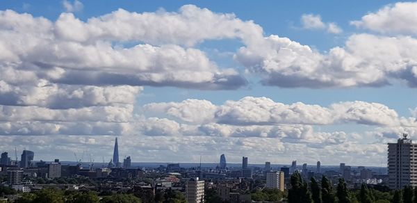 Panoramic view of buildings in city against sky