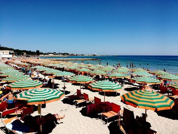 Panoramic view of people on beach against clear blue sky