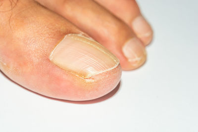 Close-up of human hand against white background