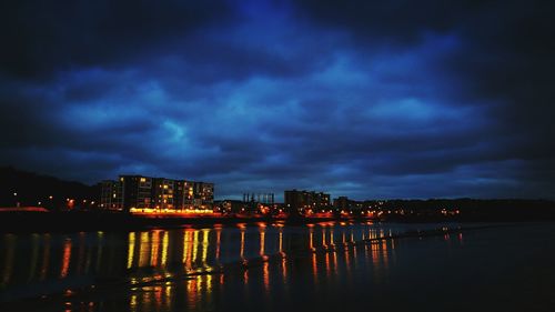 View of city lit up at night