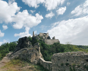 Low angle view of castle against cloudy sky