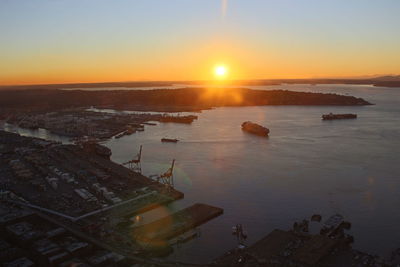 High angle view of city at sunset