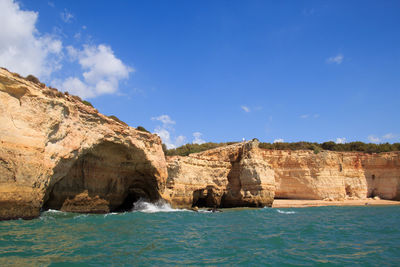 Rock formations by sea against blue sky