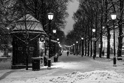 Illuminated snow covered street at night