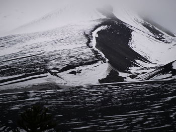 High angle view of snow on land against sky