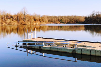 Scenic view of lake dock against clear sky