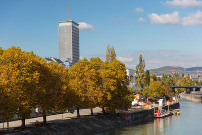 View of trees and buildings at waterfront