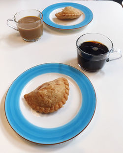 High angle view of breakfast served on table