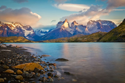 Scenic view of lake and mountains against sky