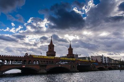 Bridge over river against cloudy sky