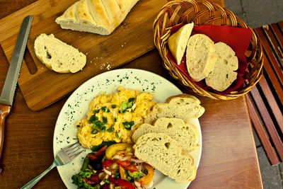 High angle view of breakfast on table