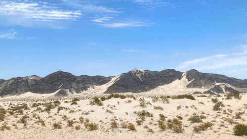 Scenic view of desert against blue sky