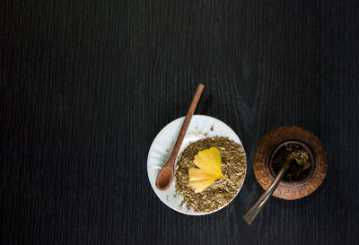 High angle view of breakfast on table