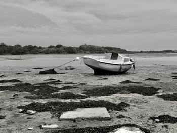Boat on beach against sky