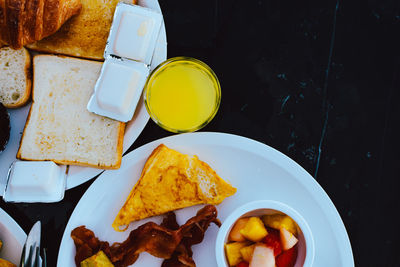 High angle view of breakfast served on table