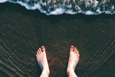 Low section of woman standing at beach