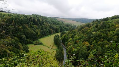 High angle view of trees on landscape against sky