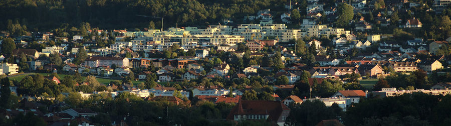 High angle shot of townscape against sky