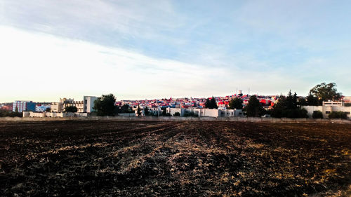 Buildings on field against sky in city